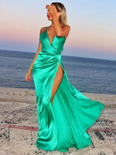 prom dresses A-line Spaghetti Straps Floor-length Elastic Woven Satin Prom Dress Evening Dress MK223