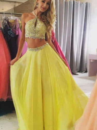 2 pieces prom dresses,A-line Halter Floor-length Chiffon Prom Dress/Evening Dress #MK0577