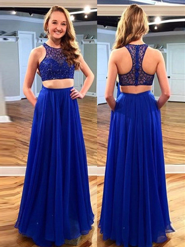 A-Line/Elegant Scoop Sleeveless Chiffon Crystal Floor-Length Prom Dresses