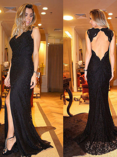 Black prom dresses Sheath Column V-neck Floor-length Tulle Prom Dress Evening Dress MK062