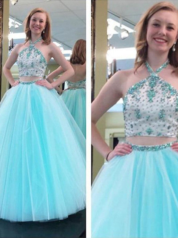 classy prom dresses A-line Halter Floor-length Tulle Prom Dress/Evening Dress #MK068