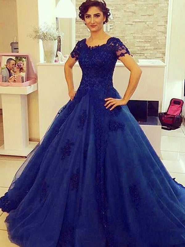 royal blue prom dresses A-line Scoop Floor-length Tulle Prom Dress Evening Dress MK071