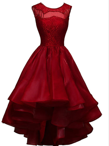 High Low Homecoming Dress A-line Bateau Lace Burgundy Short Prom Dress Party Dress MK0726