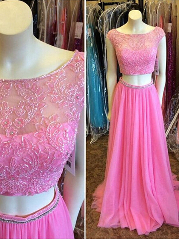 A-Line/Elegant Sleeveless Bateau Chiffon Sequin Floor-Length Prom Dresses main image 1