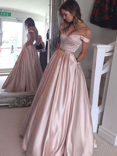 A-line Off-the-shoulder Floor-length Satin Prom Dress/Evening Dress #MK0754