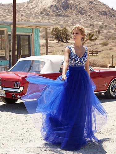 royal blue prom dresses A-line Straps Floor-length Tulle Prom Dress/Evening Dress #MK075