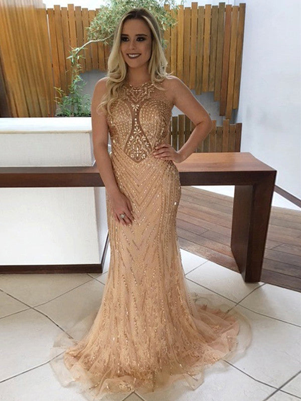 Sleeveless Maxi Tulle Column Regular Prom Dress swr5042