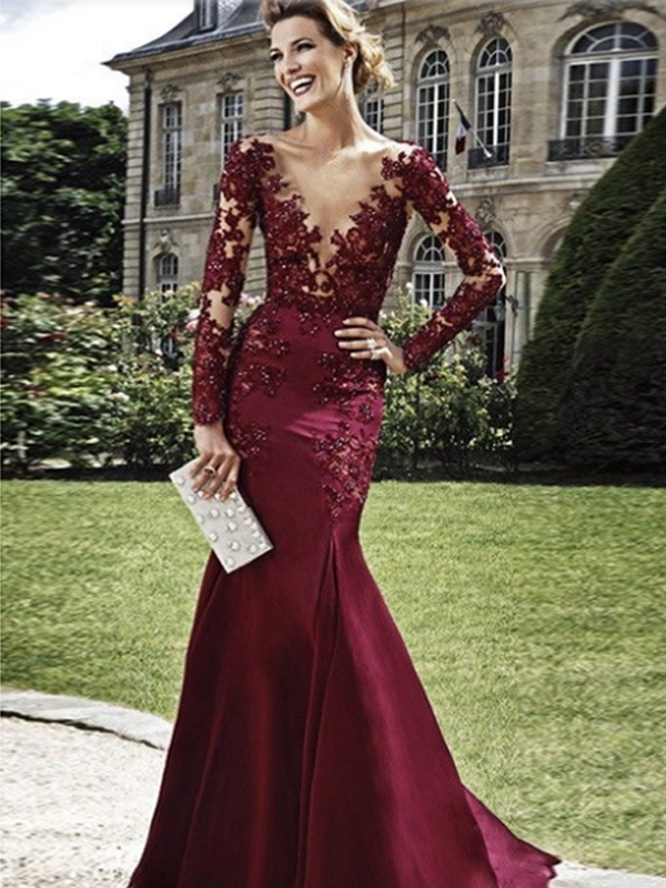 sheath burgundy prom dress Cicinia Burgundy Prom Dresses Long Stretch Satin Sheath Strapless Appliques Lace