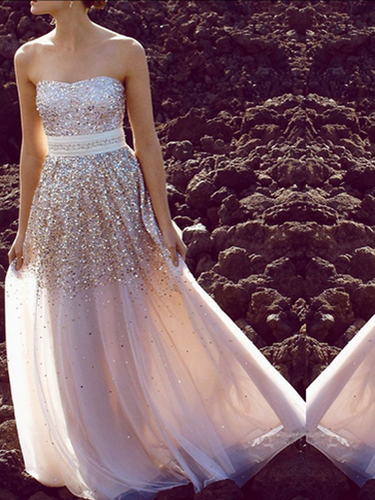 prom dresses A-line Strapless Floor-length Chiffon Prom Dress/Evening Dress #MK085
