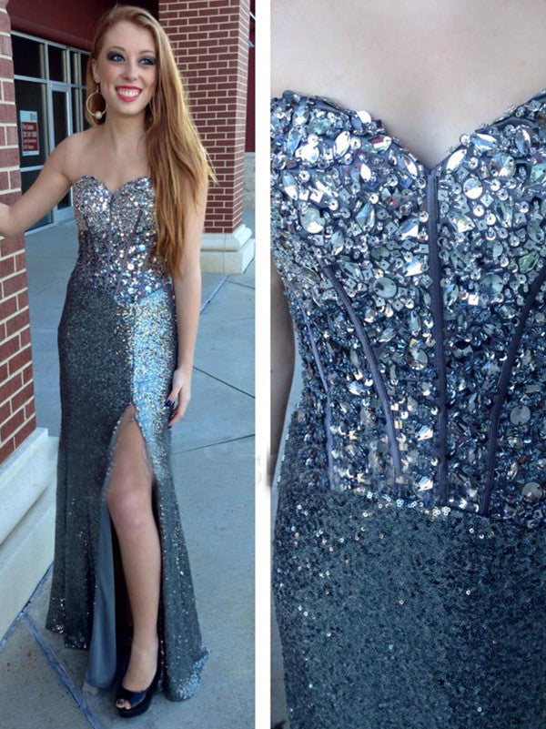 Sheath/Column Cut-Out Sweetheart Sequin Floor-Length Prom Dresses with Slit