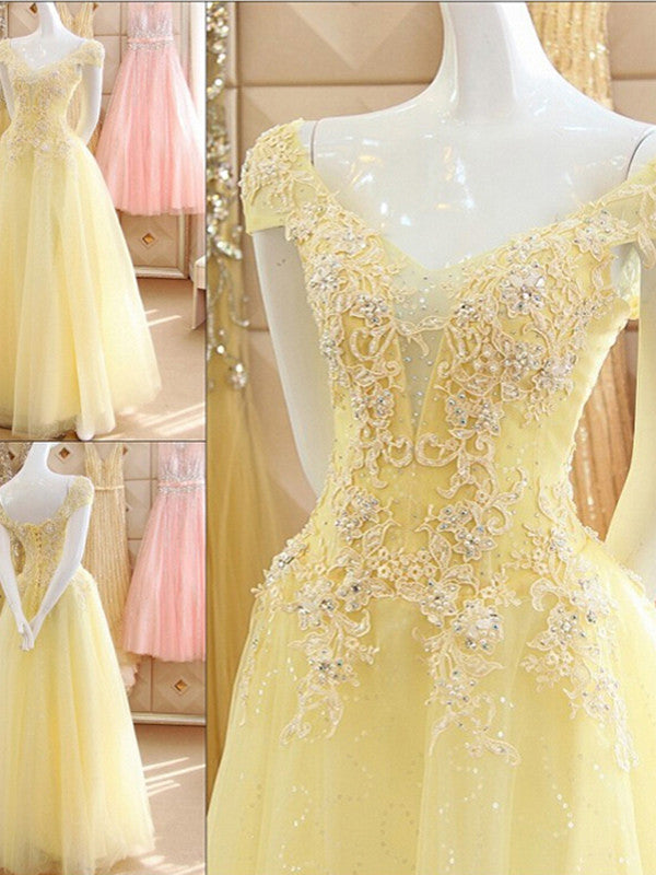 diy prom dresses A-line Off-the-shoulder Floor-length Tulle Prom Dress/Evening Dress #MK092