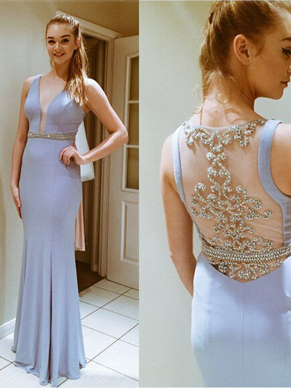 prom dresses long Sheath Column V-neck Floor-length Chiffon Prom Dress Evening Dress MK106