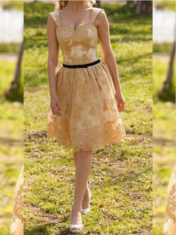 golden prom dresses A-line Straps Knee-length Tulle  Homecoming Dress Short Prom dress MK108