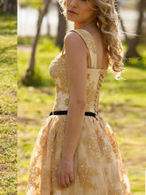 golden prom dresses A-line Straps Knee-length Tulle  Homecoming Dress Short Prom dress MK108