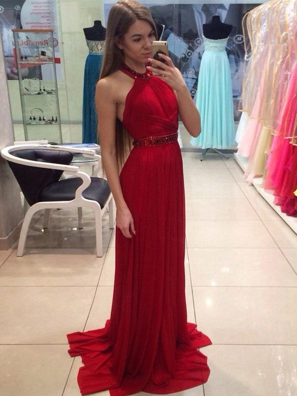 Red prom dresses A-line Halter Sweep Brush Train Chiffon Prom Dress Evening Dress MK212