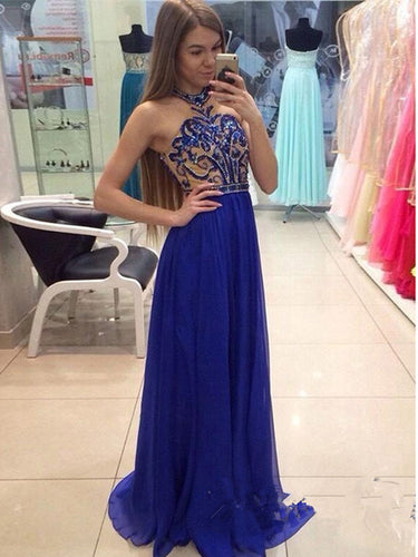 Royal Blue prom dresses A-line Halter Floor-length Chiffon Prom Dress Evening Dress MK213