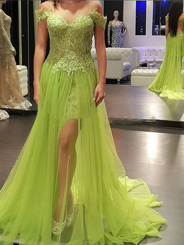 mint prom dresses Sheath Column Off-the-shoulder Asymmetrical Tulle Prom Dress Evening Dress MK250