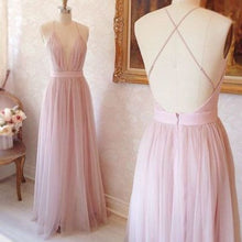 A-line V-neck Long Pink with Criss Cross Back Prom Dress Evening Dress #MK092