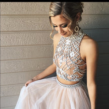 Two Piece Prom Dress A-line High Neck Prom Dress/Evening Dress with Open Back JKS320