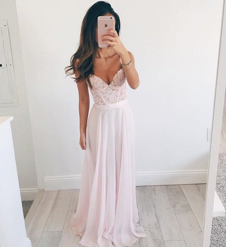 Baby Pink Princess A-line V-neck Chiffon Long Prom Dress Evening Dress MK503