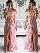 Two Piece prom dress Sexy Off the shoulder Lace Long Prom Dress Evening Dress with Side Slit MK511