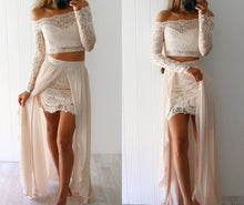 Two Piece Prom Dress  Sheath Long Sleeves Beige Long Outfit Dress Evening Dress MK517