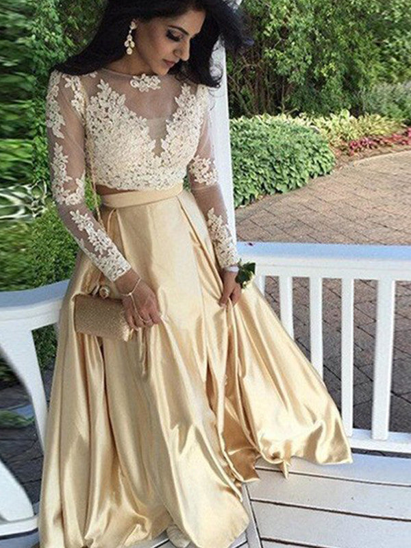 Two Piece Prom Dress, 2017 Long Sleeve Prom Dress,A-line Evening