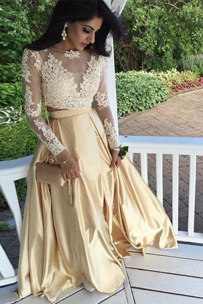long sleeve white two piece prom dress Simple Two Pieces White Lace Long Prom Dress With Beadings CMS211202 cathyprom