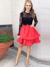 Two Piece Homecoming Dress Red Long Sleeves Black Lace Prom Dress MK539