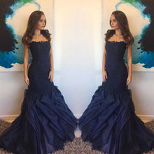 Navy Blue Evening Dress Mermaid Ruffle Organza Strapless Prom Dress Evening Dress MK540