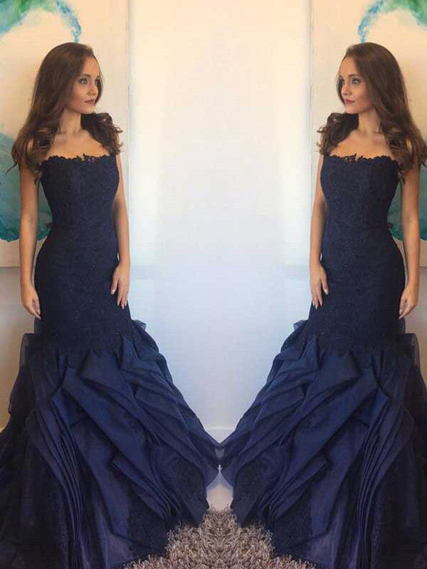 Navy Blue Evening Dress Mermaid Ruffle Organza Strapless Prom Dress Evening Dress MK540