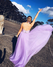 Halter Prom Dress A-line Long Lavender Tulle Prom Dress with Open Back MK543
