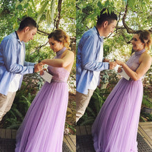 Halter Prom Dress A-line Long Lavender Tulle Prom Dress with Open Back MK543