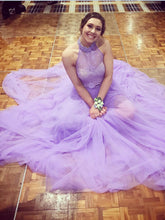 Halter Prom Dress A-line Long Lavender Tulle Prom Dress with Open Back MK543