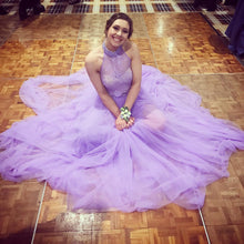 Halter Prom Dress A-line Long Lavender Tulle Prom Dress with Open Back MK543