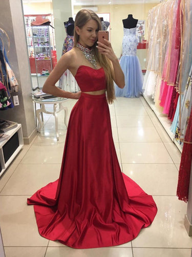Two Piece Prom Dress A-line Red Rhinestones Long Prom Dress Evening Dress MK550