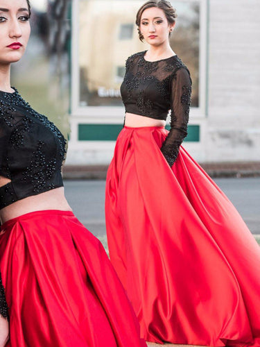 Two Piece Prom Dresses  Long SleeveProm Dress Red Prom Dress Black Lace Prom Dress Mk553