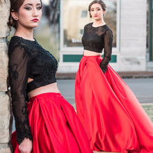 Two Piece Prom Dresses  Long SleeveProm Dress Red Prom Dress Black Lace Prom Dress Mk553