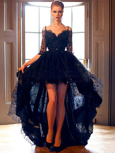 High Low Prom Dress Black Lace Evening Dress,2022 Prom Dress,Evening Dress Long MK555