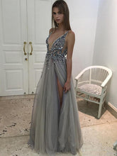 Sexy Prom Dress A-line V-neck Evening Dress Grey Prom Long Dress with Side Slit MK561