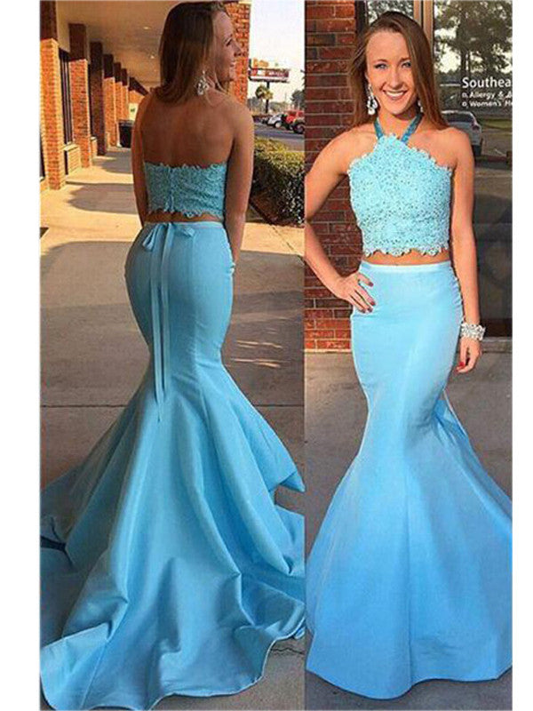 Gorgeous Mermaid Sleeveless Halter Lace Two Piece Prom Dresses main image 1
