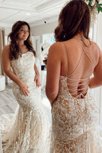 Mermaid Backless Champagne Lace Long Prom Dress GJS446