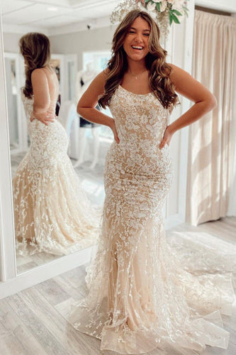 Mermaid Backless Champagne Lace Long Prom Dress GJS446