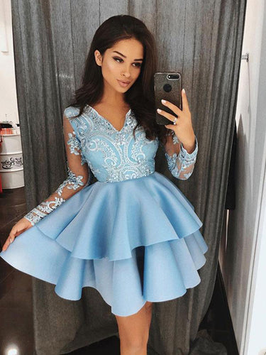 Blue Cheap Homecoming Dress with Long Sleeves Appliques V neck Short Prom Party Dress NA6906|Annapromdress