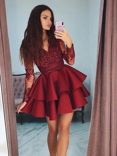 Long Sleeve Homecoming Dress A-line Appliques Short Prom Dress Fashion Party Dress NA6907|Annapromdress