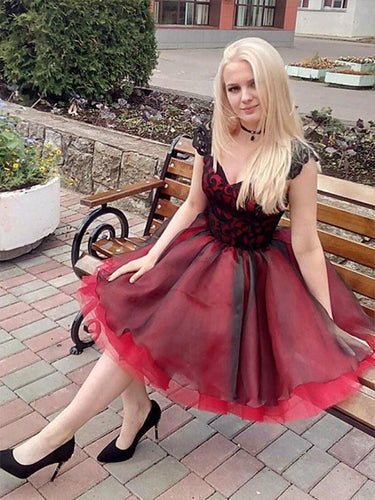 Cap Sleeve Homecoming Dress A Line Black and Red Prom Dress Short Fashion Party Dress NA6908|Annapromdress