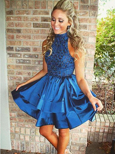 Chic Homecoming Dress High Neck Rhinstone Short Prom Dress Satin Party Dress NA6911|Annapromdress