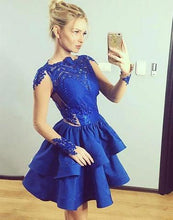 Royal Blue Homecoming Dress with Sleeves Lace Appliques Short Prom Dress Fashion Party Dress NA6922|Annapromdress