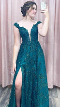 Green Lace Sequins Off -the-Shoulder Long Prom Dress with High Slit GJS460