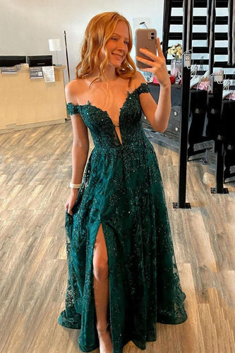 Green Lace Sequins Off -the-Shoulder Long Prom Dress with High Slit GJS460